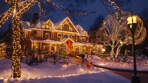 Snow-kissed manor wrapped in golden holiday twinkle lights.