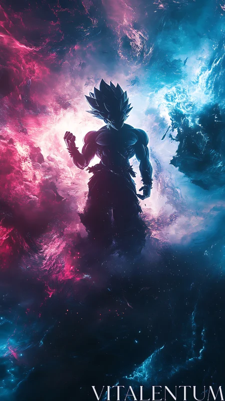 Cosmic warrior ignites between nebular fire and ice light.