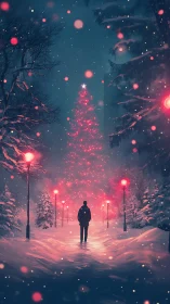 Person in snowy park facing glowing red Christmas tree.