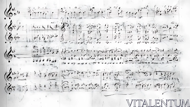 Weathered piano manuscript with smudged treble clefs.