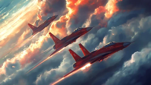 Scarlet fighter trio blazing through stormlit clouds.