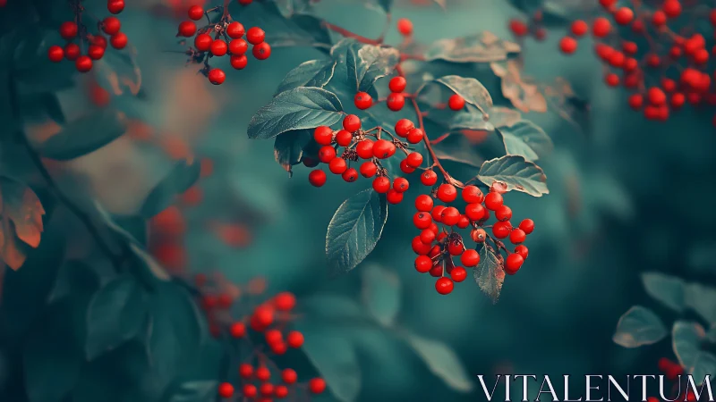 Scarlet berries clustered on teal-toned garden foliage.