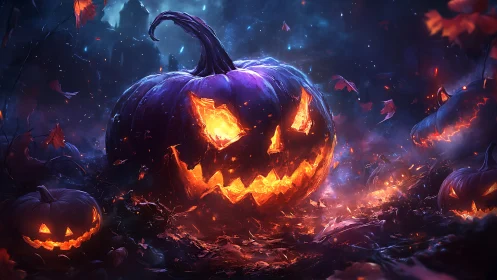 Sinister jack o’lantern blaze in a haunted twilight forest.