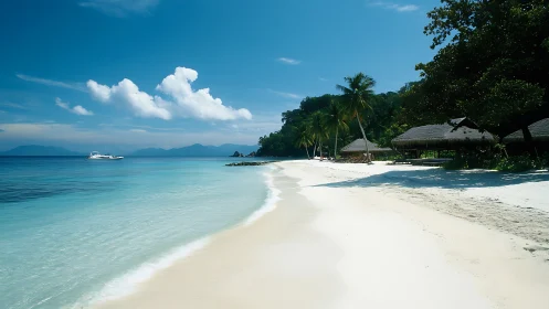 Tropical Paradise Beach With Thatched Bungalows and Turquoise Waters.