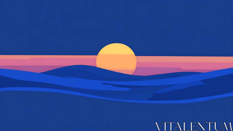 Minimal sunset over rolling blue ocean waves illustration.