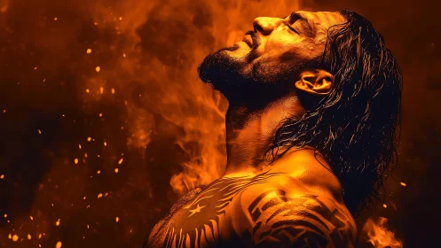 Muscular man with tribal tattoos stands in rising orange flames