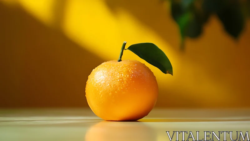 Fresh dewy orange rests on sunlit surface with leaf