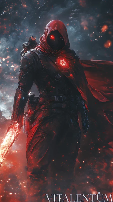 Hooded armored figure holds glowing sword in ember field