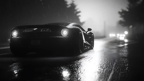 Midnight supercar prowls through rain-slicked neon silence.
