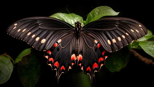 Black swallowtail butterfly on leaf with vivid red spots.