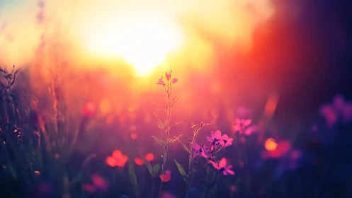 Digital painting of wildflowers in luminous sunset bokeh field.