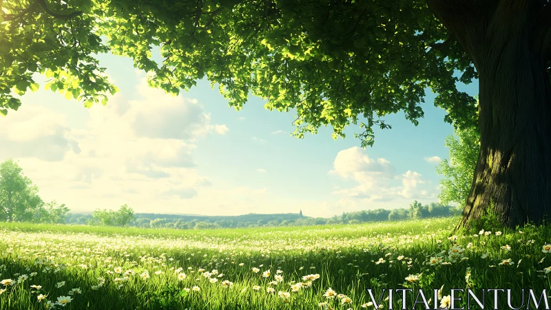 Sunlit meadow dreams beneath an old whispering oak tree.