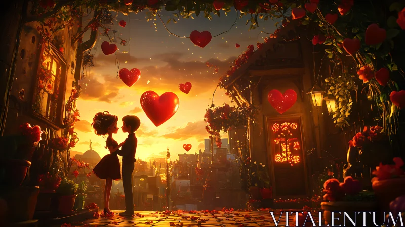 Silhouetted Figures in Golden Hour Urban Romanticscape with Suspended Heart Geometry