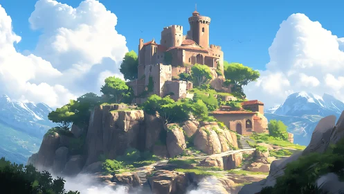 Medieval castle constructed on rocky hilltop with surrounding mountainous landscape.
