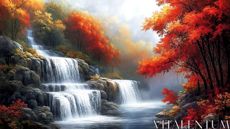 Autumn cascade over terraced rocks in misty forest gorge.