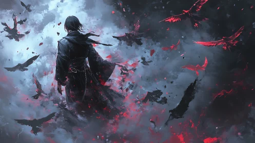 Dark figure commands crimson ravens in storm of dissolving shadows