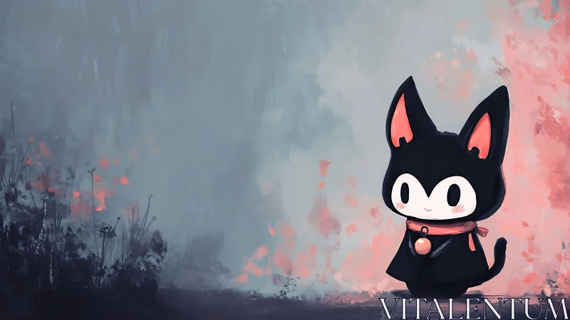 Cute black cat character in soft pastel fantasy scene.