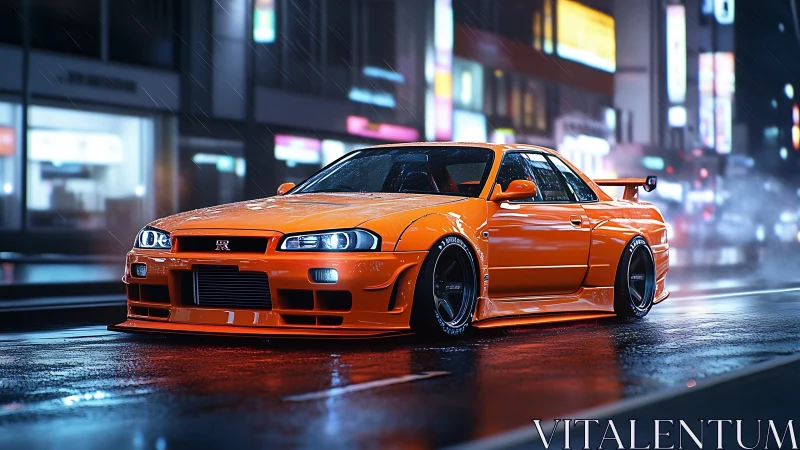 Photorealistic orange tuner coupe on neon-soaked city street.