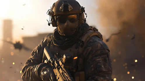 Heavily equipped soldier holds rifle amid dust and debris