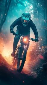 Night trail rider blazing through a glowing forest curve.