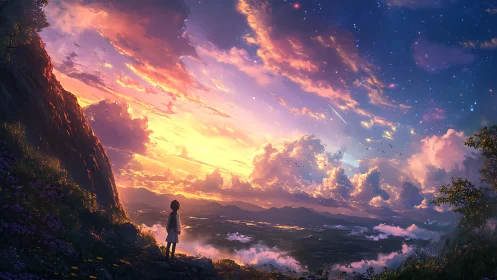 Solitary child watches radiant sunset sky over distant valley