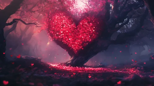 Glowing Heart Tree in Mystical Forest Landscape.