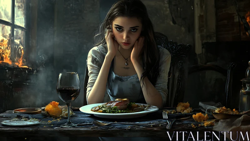 Somber young woman sits at a lonely, half-eaten dinner table