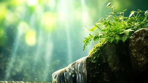 Lush Green Plants on Mossy Rock with Sunbeams in Nature Scene.