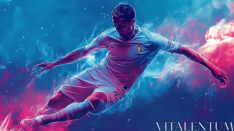 Digital painting of dynamic football aerial slide in neon atmosphere.