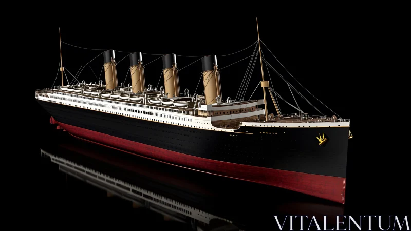 Realistic digital rendering of the Titanic ocean liner on black background.