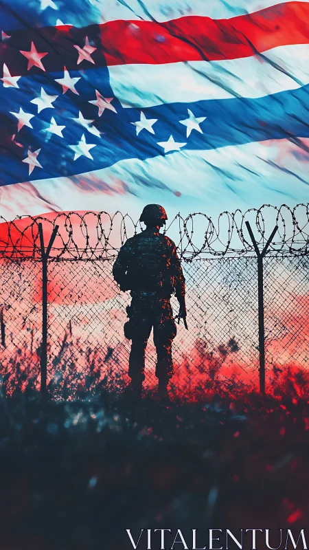 Silhouetted soldier confronts barbed fence under vast US flag