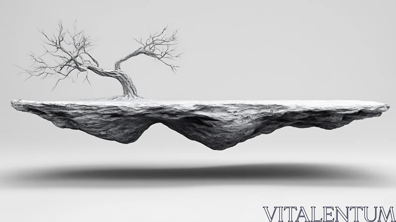 Monochrome 3D floating rock slab with sculptural barren tree.