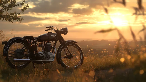 Vintage single-cylinder motorcycle at sunset in rural meadow