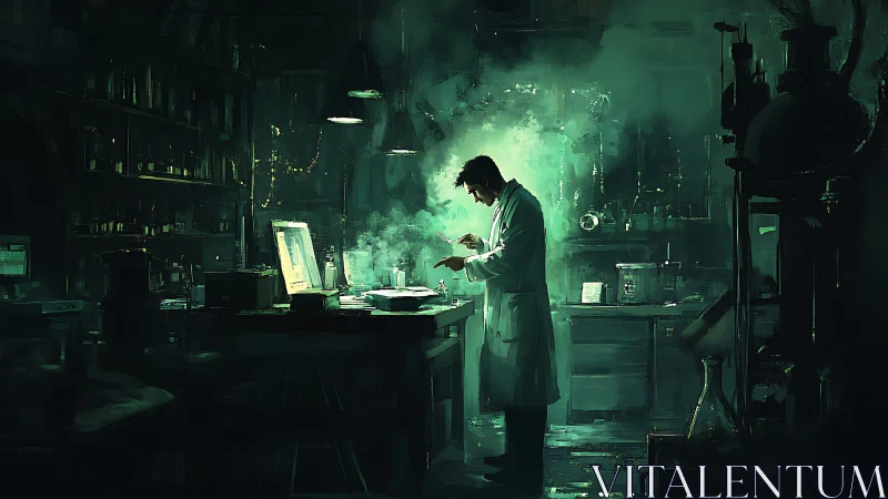 Solitary scientist works in eerie, neon green laboratory haze