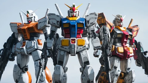 Towering Gundam-style mechs stand proudly in bright daylight