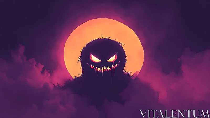 Silhouetted creature against full moon in dense colored cloudscape.