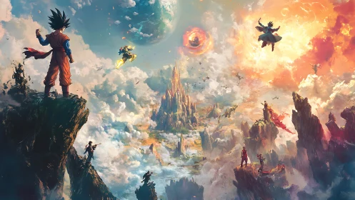 Dynamic anime battle panorama in celestial cloudscape composition.