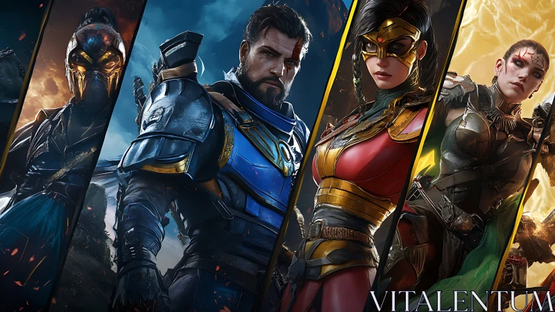 Armored fantasy heroes stand united in dynamic split panels.