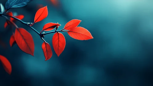 Vibrant red autumn leaves on branch with soft blue background.