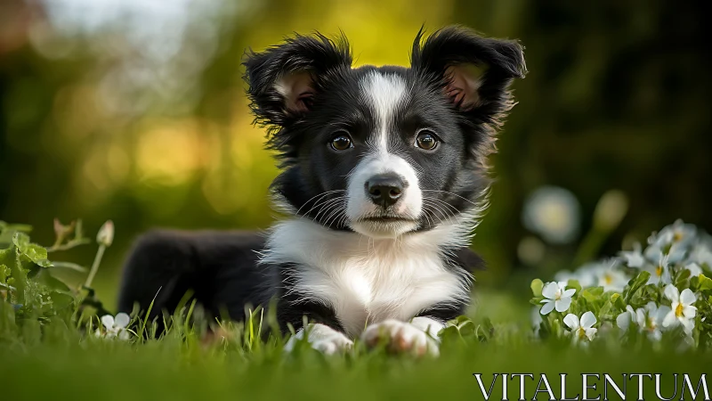 Garden-eyed border collie pup lounging in springtime calm.