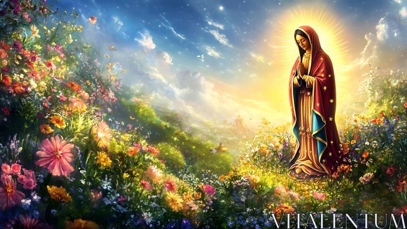 Radiant robed figure amid luminous celestial wildflower valley.