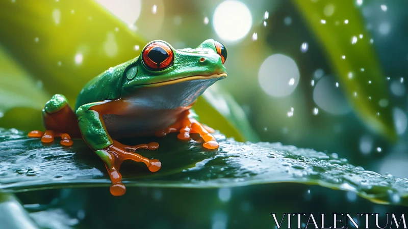 Tree frog sits on wet leaf in shallow depth of field scene