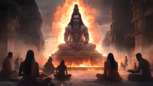 Large meditative statue before flames in temple courtyard.