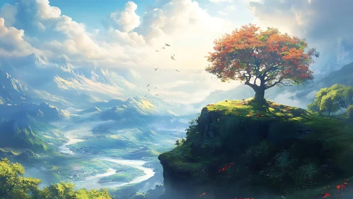 Solitary rainbow-crowned tree dreaming above misty valleys.