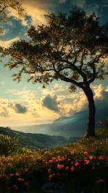 Golden hour mountain valley with silhouetted tree and flowers