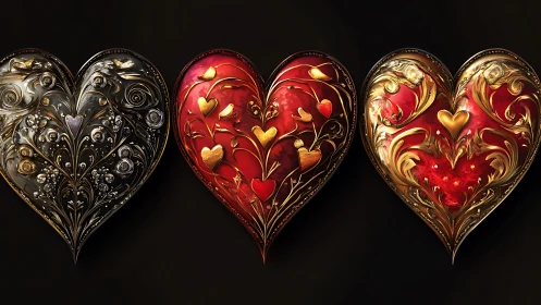 Three ornamental heart forms displaying baroque relief ornamentation.