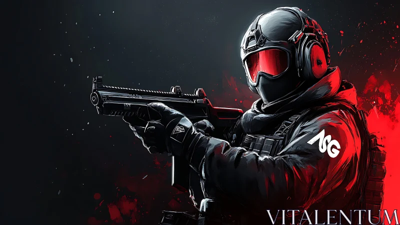 Tactical gunner in black armor amid red digital blast.