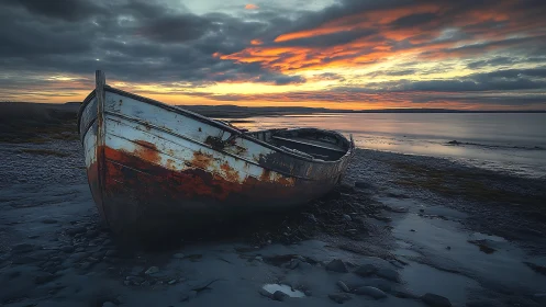 Weathered fishing boat stranded under brooding sunset sky.