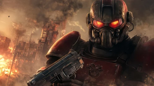 Armored wasteland soldier advancing through burning ruins.