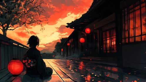 Lantern-lit dusk reverie beside rain-slicked wooden street.